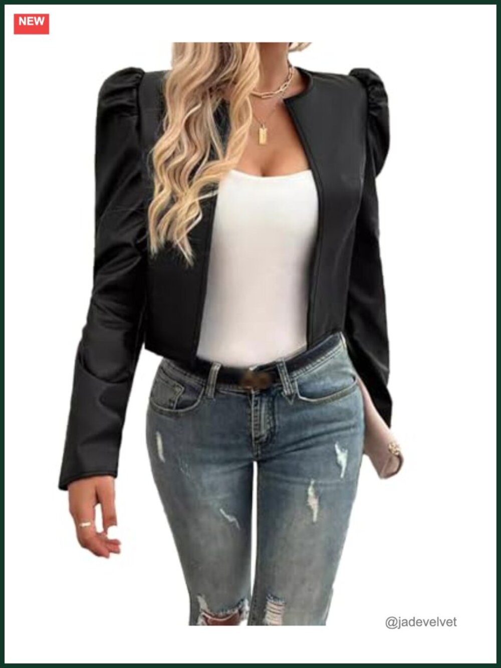 Faux Leather Cropped Blazer Puff Sleeve Open Front Bolero Jacket Lightweight